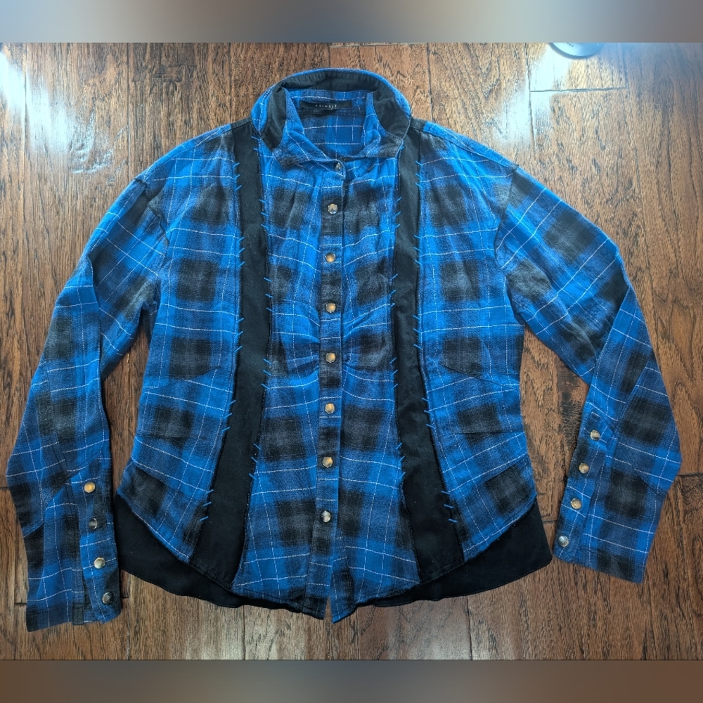 Animale Blue and Black Plaid Snap-Up Flannel Shirt